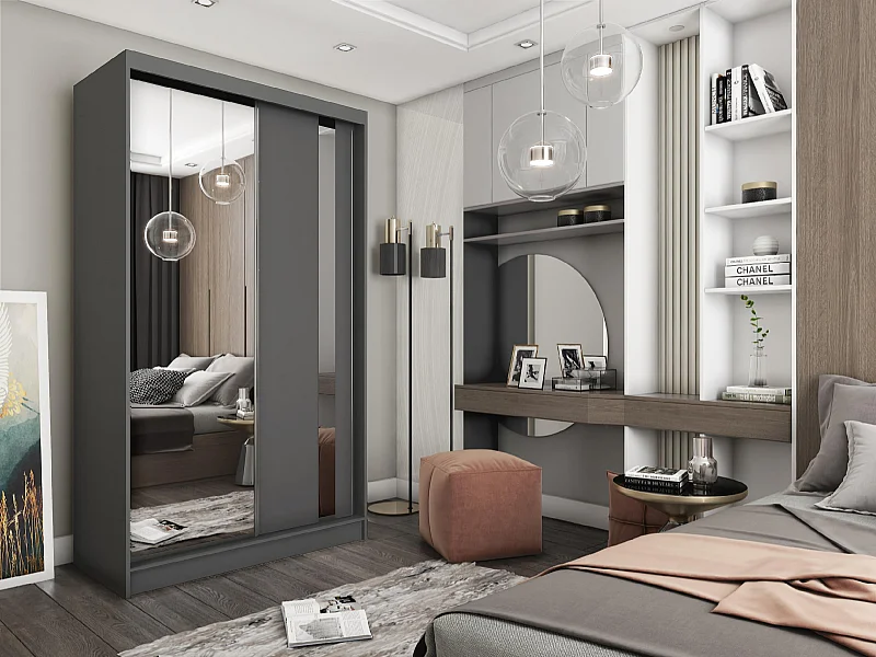 120 cm Kleiderschrank Gabo mit Spiegel inklusive 2 Schiebetüren Schwebetürenschrank (Farbe: graphit)