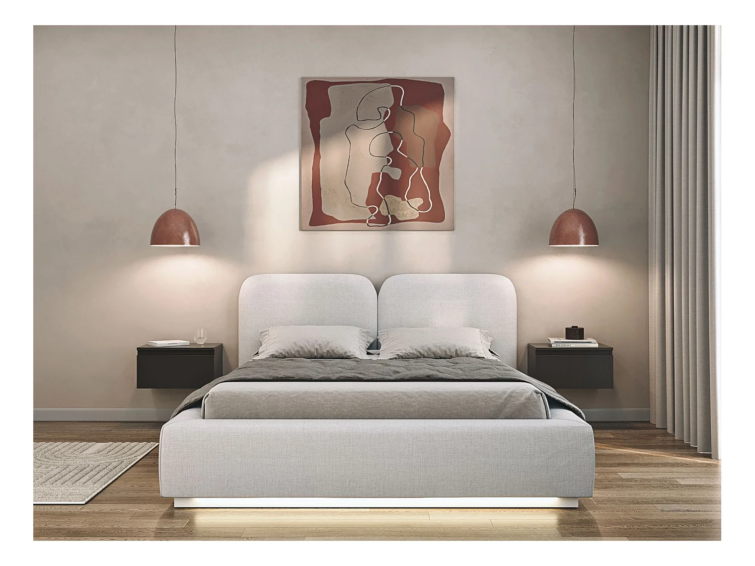 Gestoffeerd bed 160x200 met chenille bekleding – LED, bedbox en lattenbodem – Lichtgrijs – COMOVES