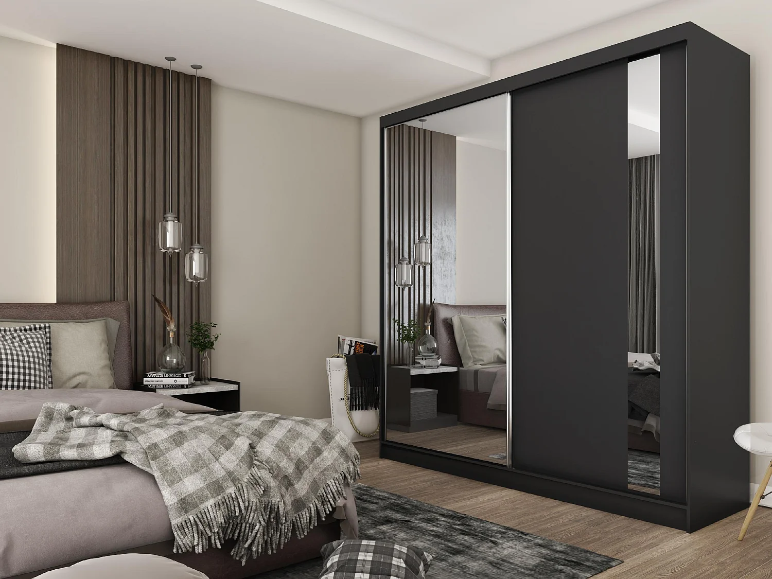 200 cm Kleiderschrank Gabo mit Spiegel inklusive 2 Schiebetüren Schwebetürenschrank (Farbe: schwarz)