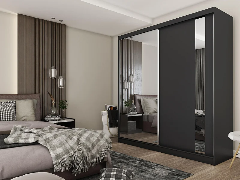 200 cm Kleiderschrank Gabo mit Spiegel inklusive 2 Schiebetüren Schwebetürenschrank (Farbe: schwarz)