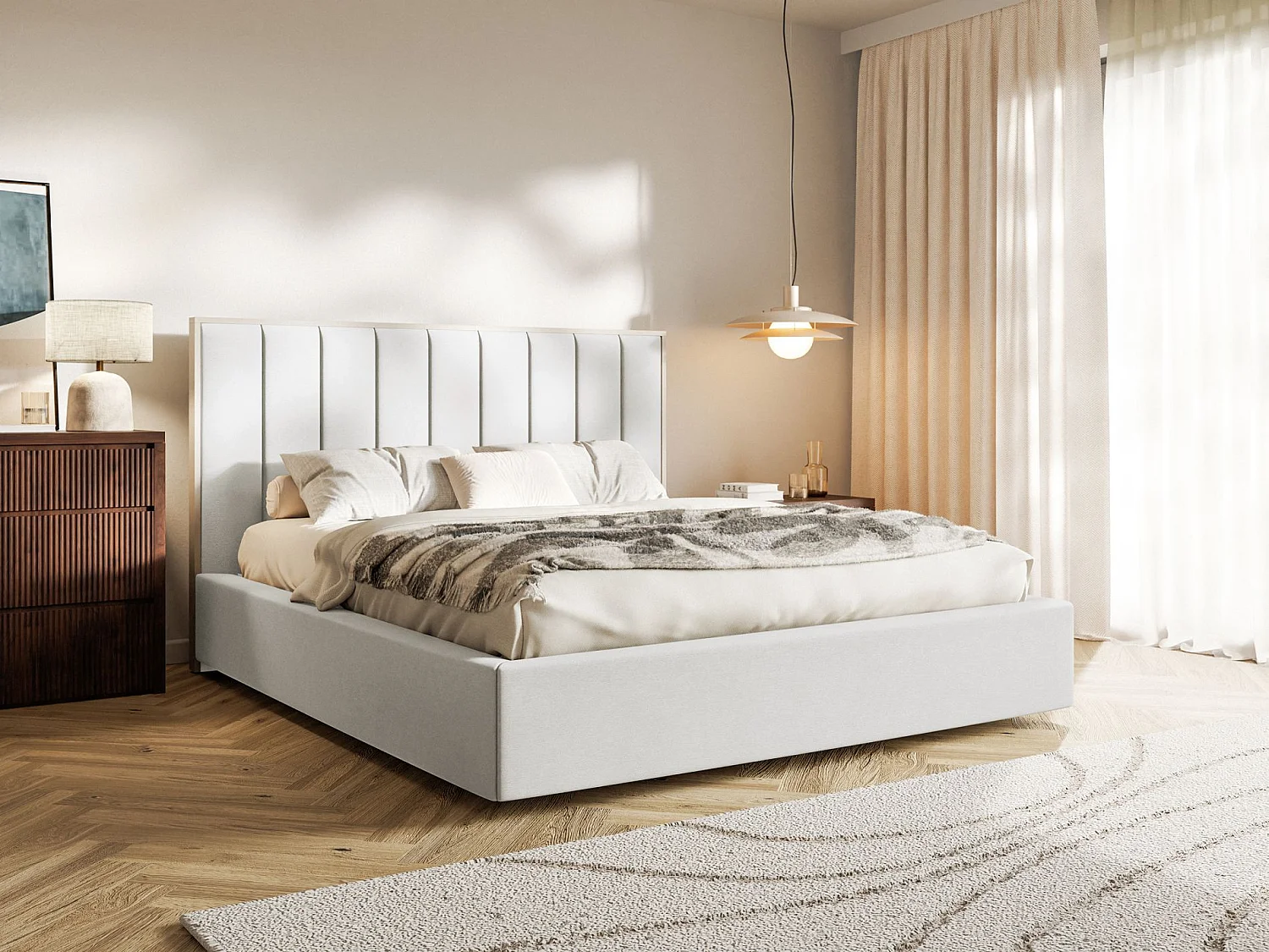 Lit tapissé avec coffre 140×200 - velours - blanc- TOGENTS