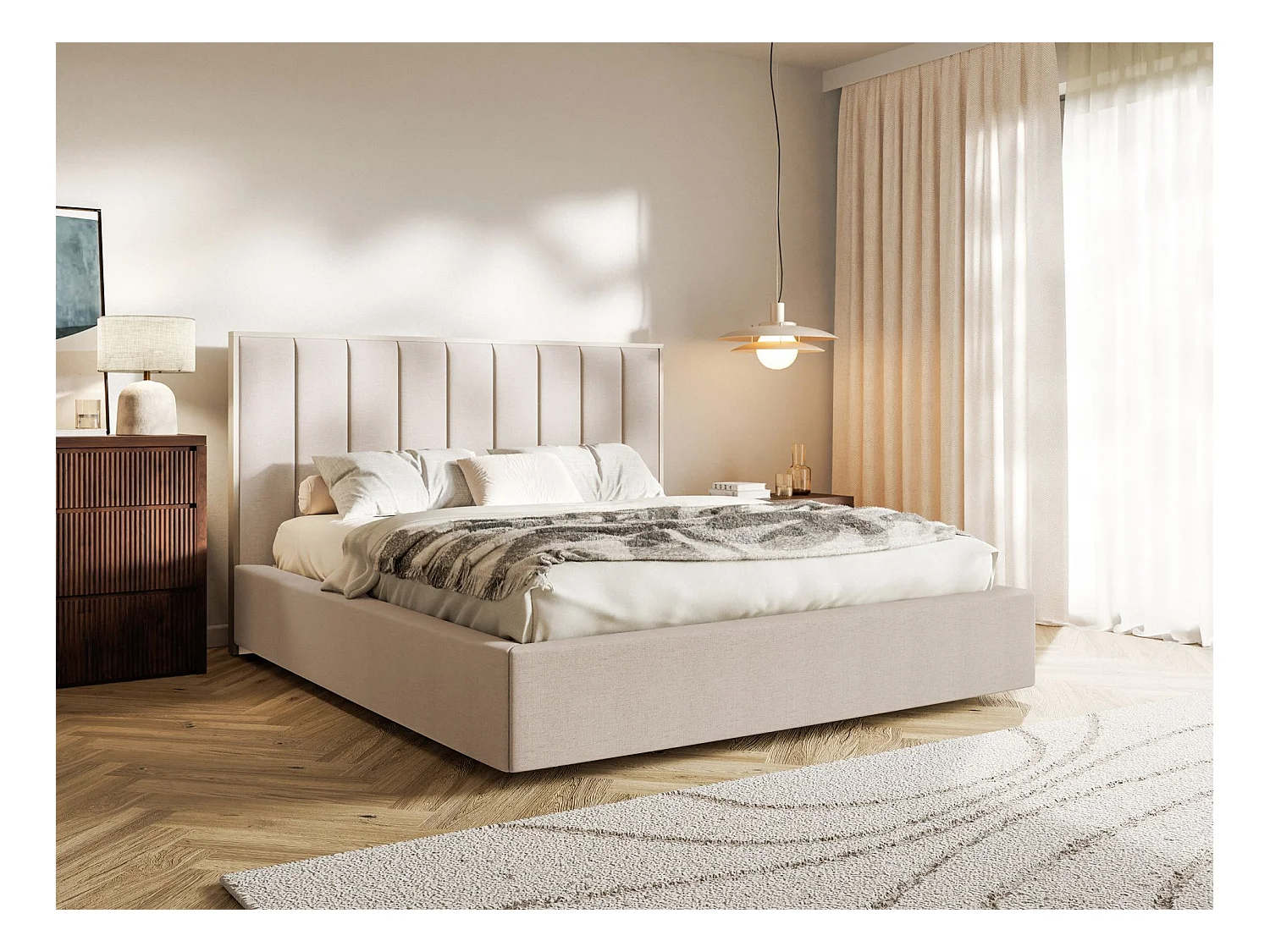 Lit tapissé avec coffre 180×200 - chenille - beige - TOGENTS