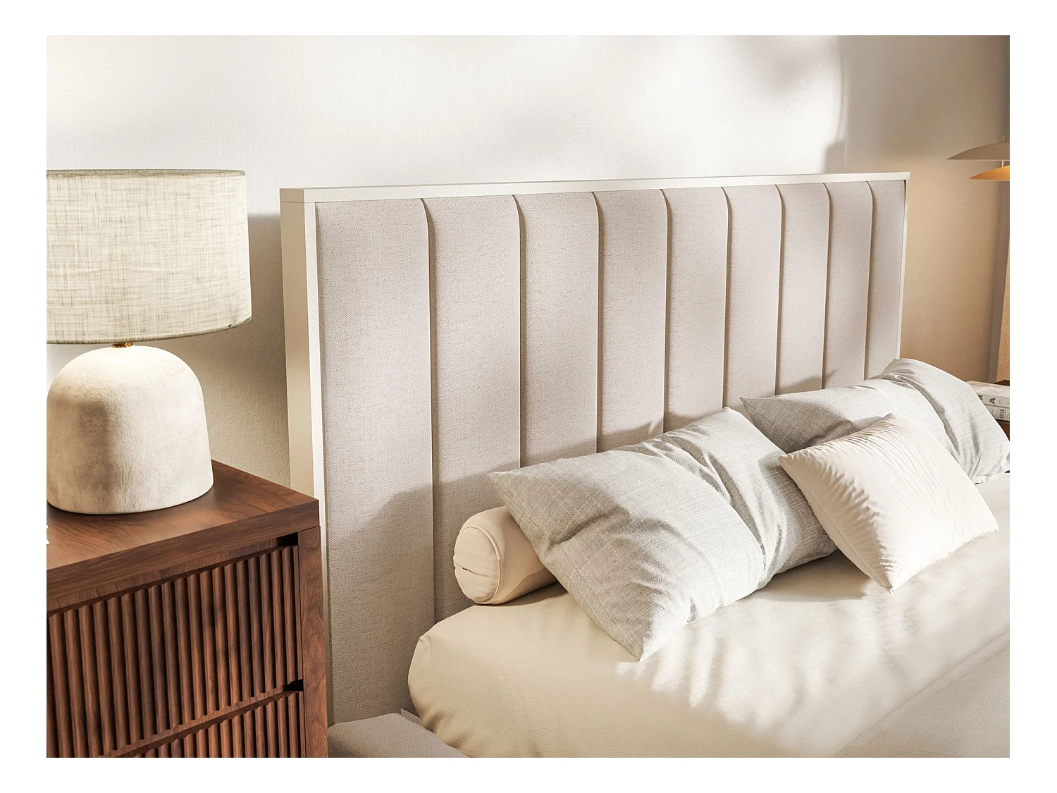 Lit tapissé avec coffre 180×200 - chenille - beige - TOGENTS