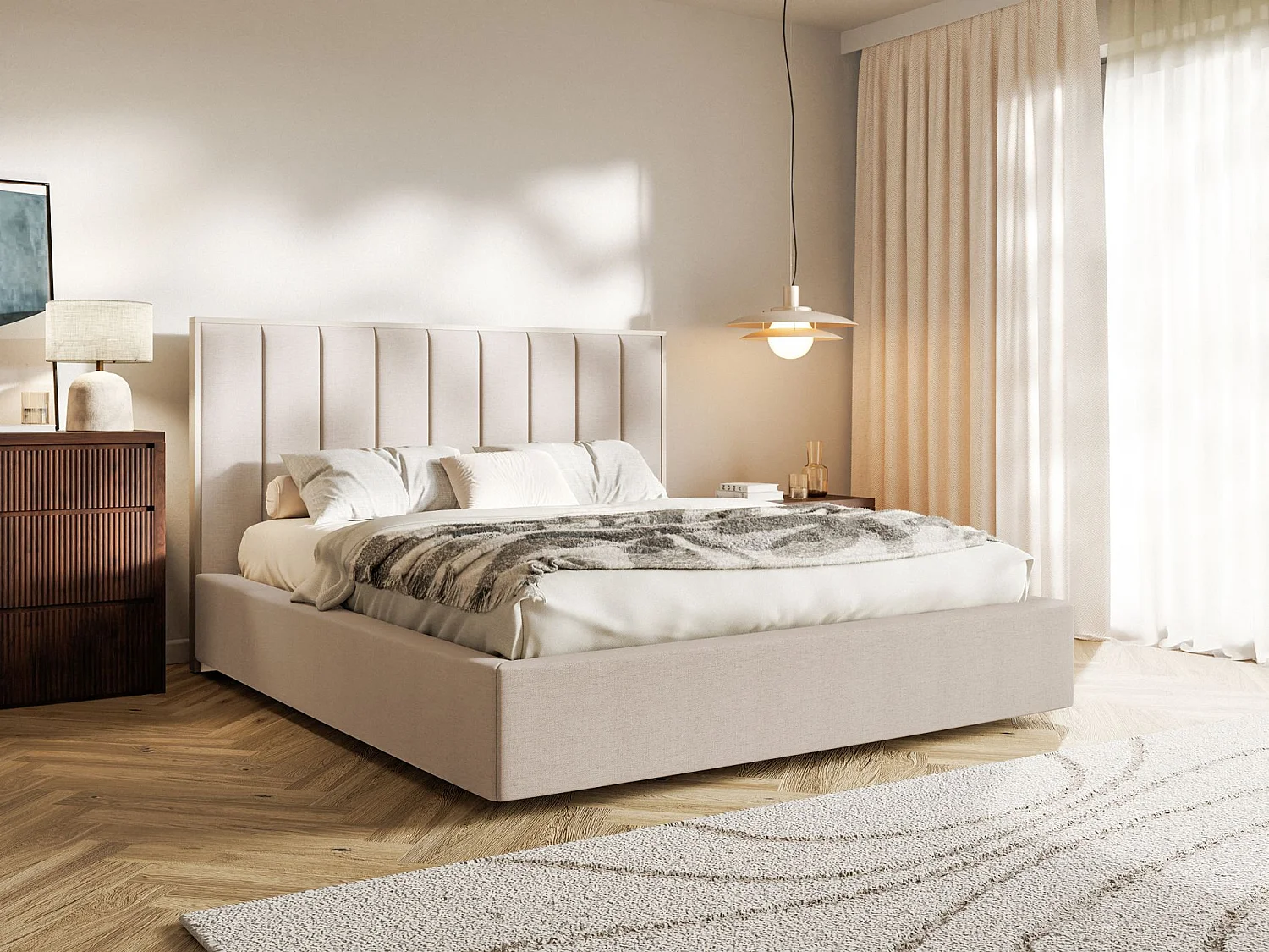 Polsterbett 180x200 mit Chenillebezug und Bettkasten – Beige – TOGENTS