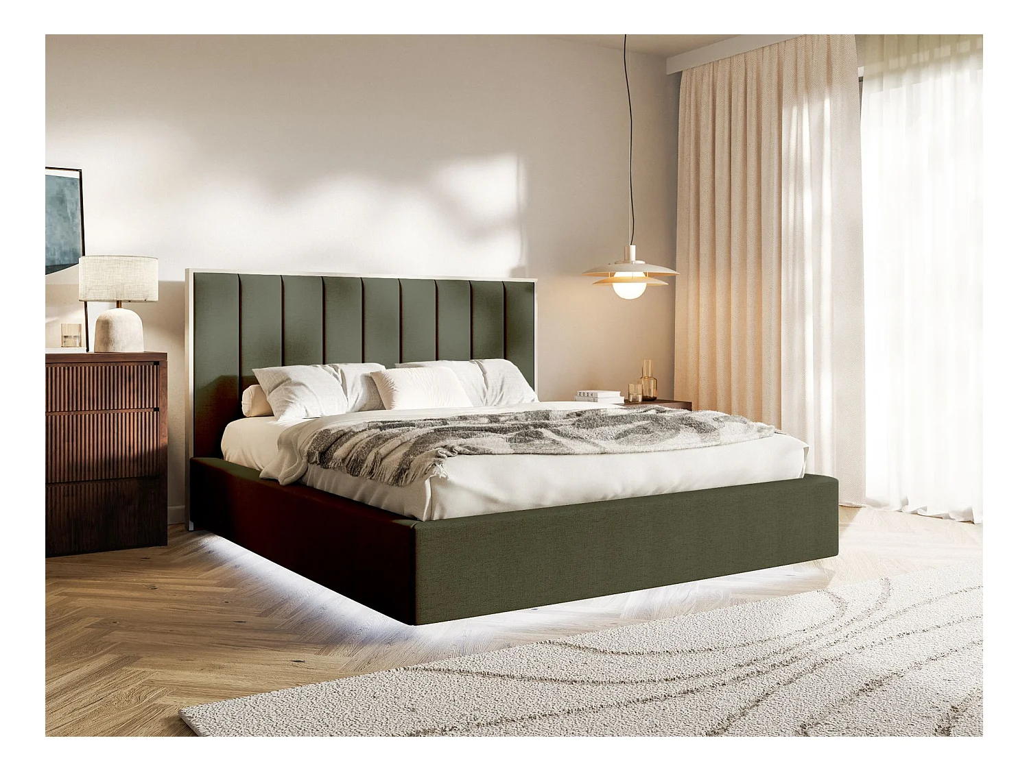 Gestoffeerd bed 180x200 - chenille - bedbox en LED - donkergroen - TOGENTS