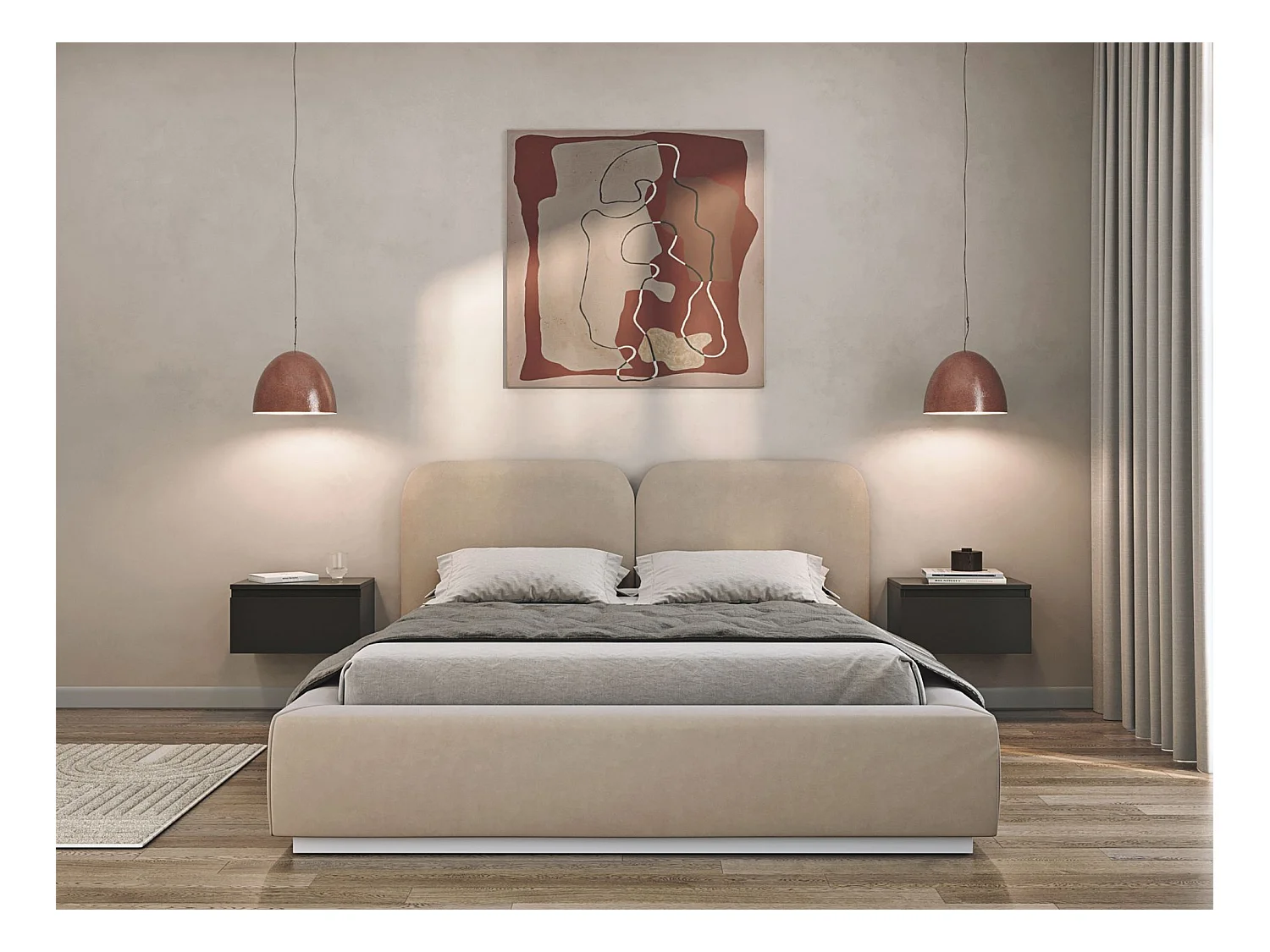Lit tapissé avec coffre 140×200 - velours - beige clair- COMOVES
