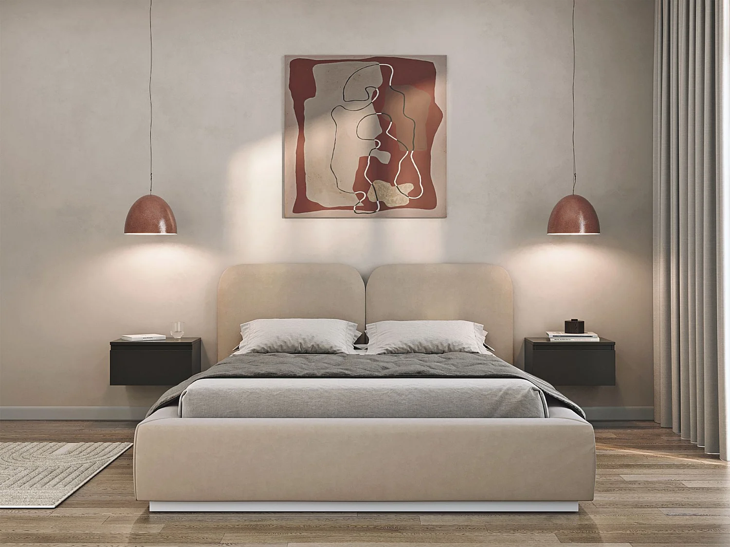 Lit tapissé avec coffre 140×200 - velours - beige clair- COMOVES