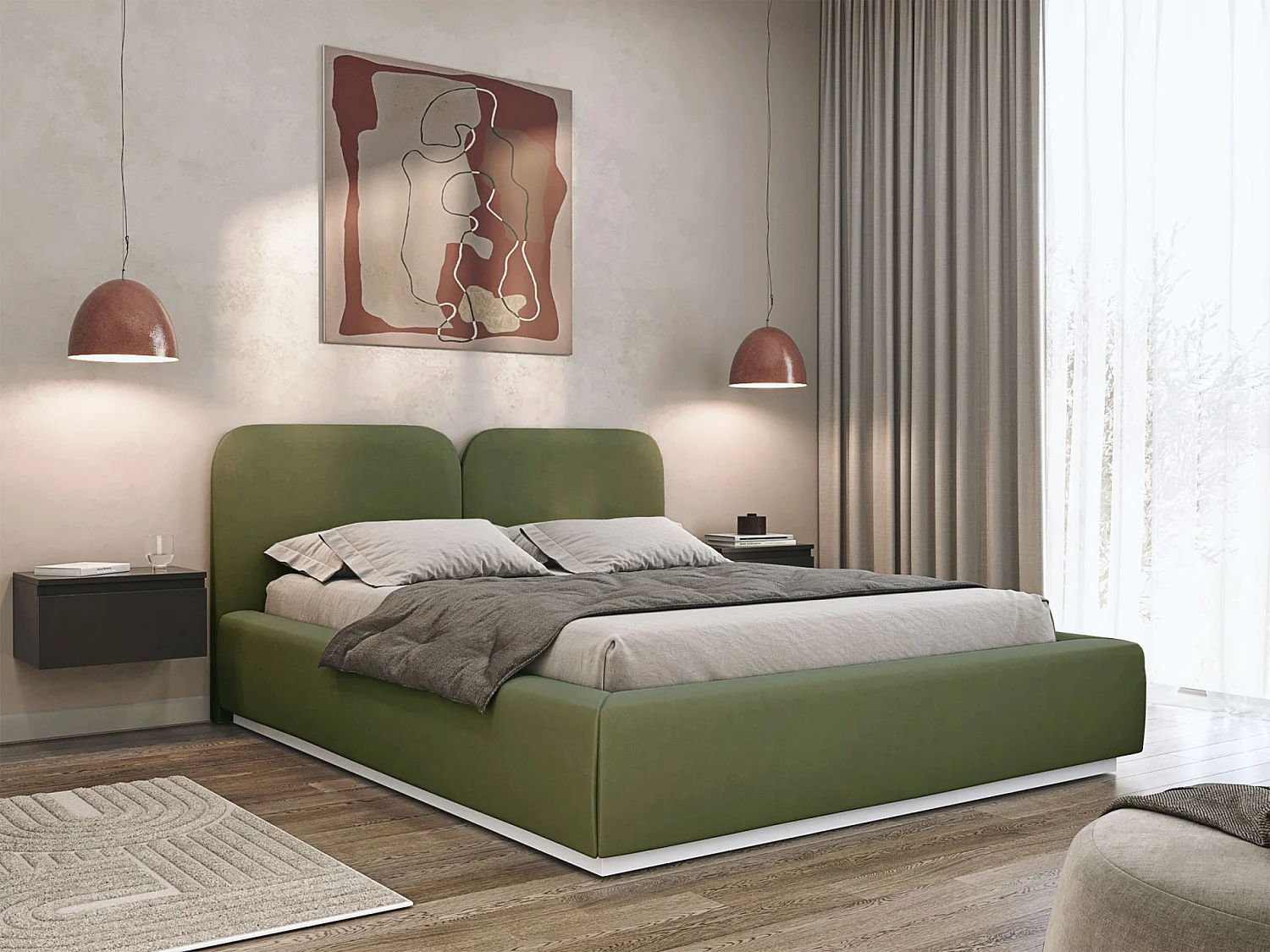 Lit tapissé avec coffre 160×200 - velours - vert olive - COMOVES