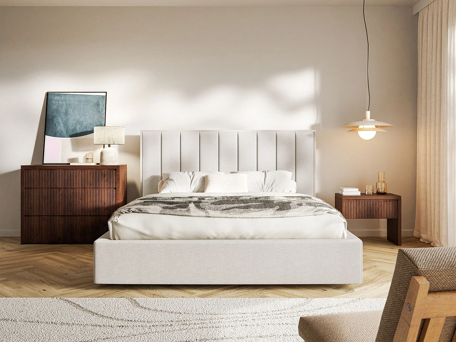Polsterbett 160x200 mit Chenillebezug und Bettkasten – Hellbeige – TOGENTS