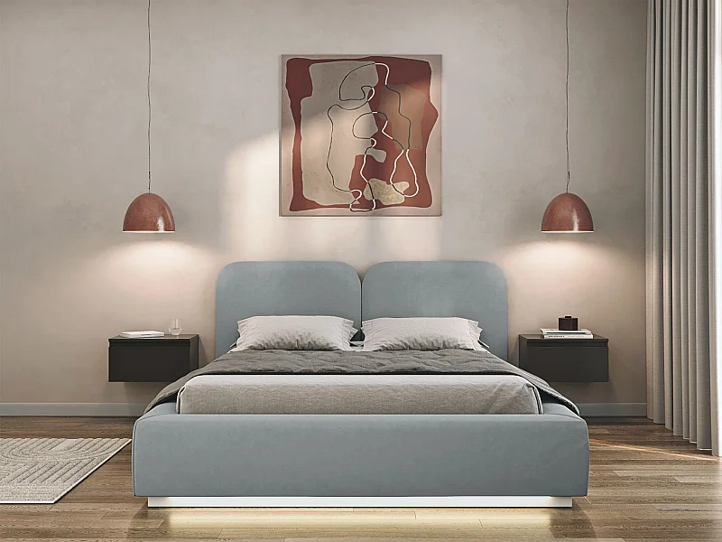 Lit tapissé avec coffre et LED 140×200 - velours - gris - COMOVES