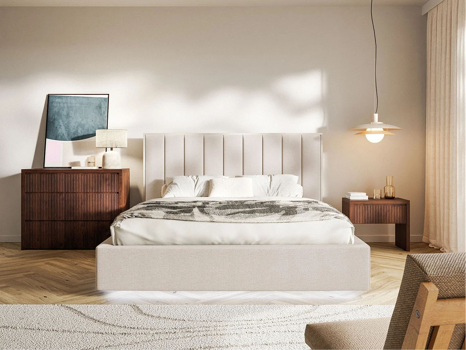 Lit tapissé avec coffre et LED140×200 - chenille - beige - TOGENTS
