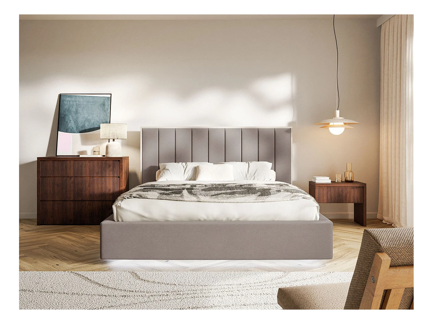 Lit tapissé avec coffre et LED 140×200 - velours - brun- TOGENTS