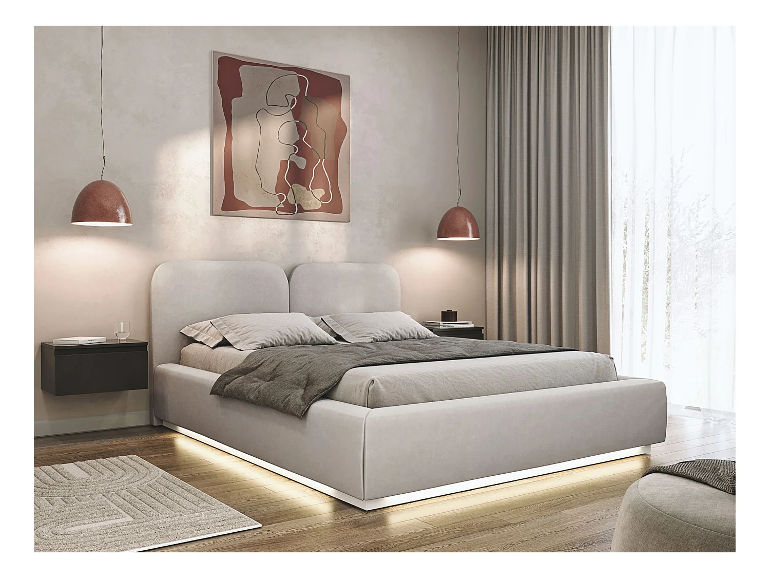 Lit tapissé avec coffre et LED 160×200 - velours - gris-beige - COMOVES