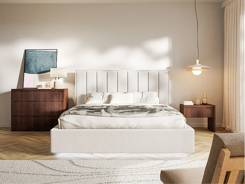 Gestoffeerd bed 160x200 - chenille - bedbox en LED - lichtbeige - TOGENTS