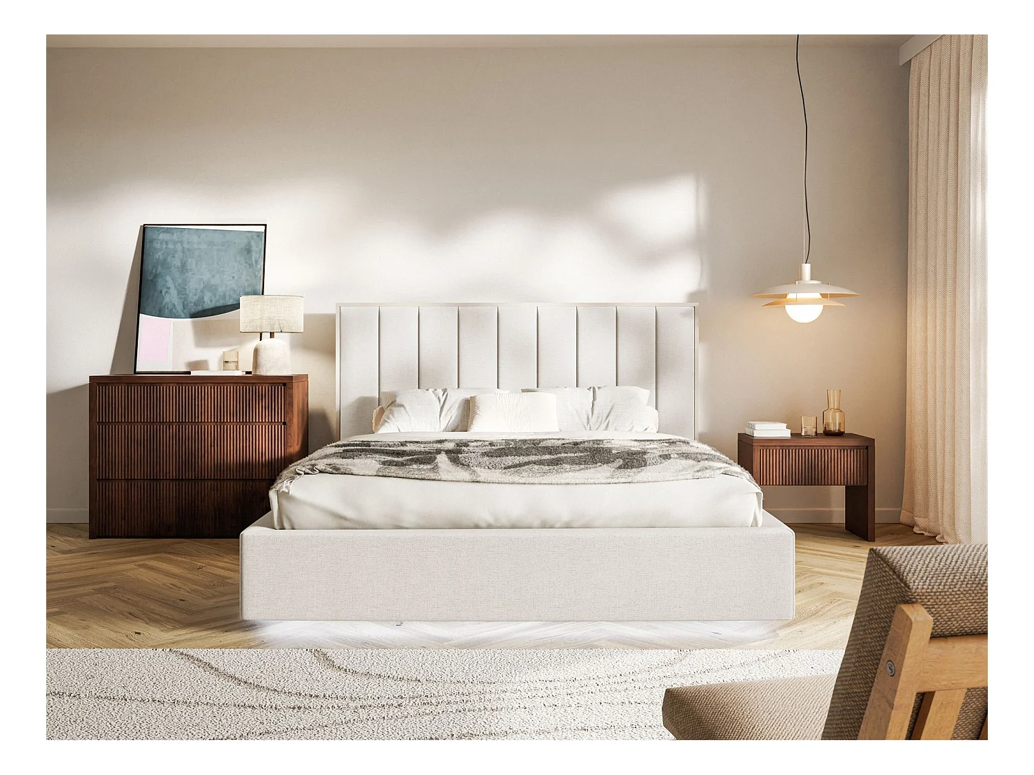 Polsterbett 160x200 mit Chenillebezug – Bettkasten und LED – Hellbeige – TOGENTS