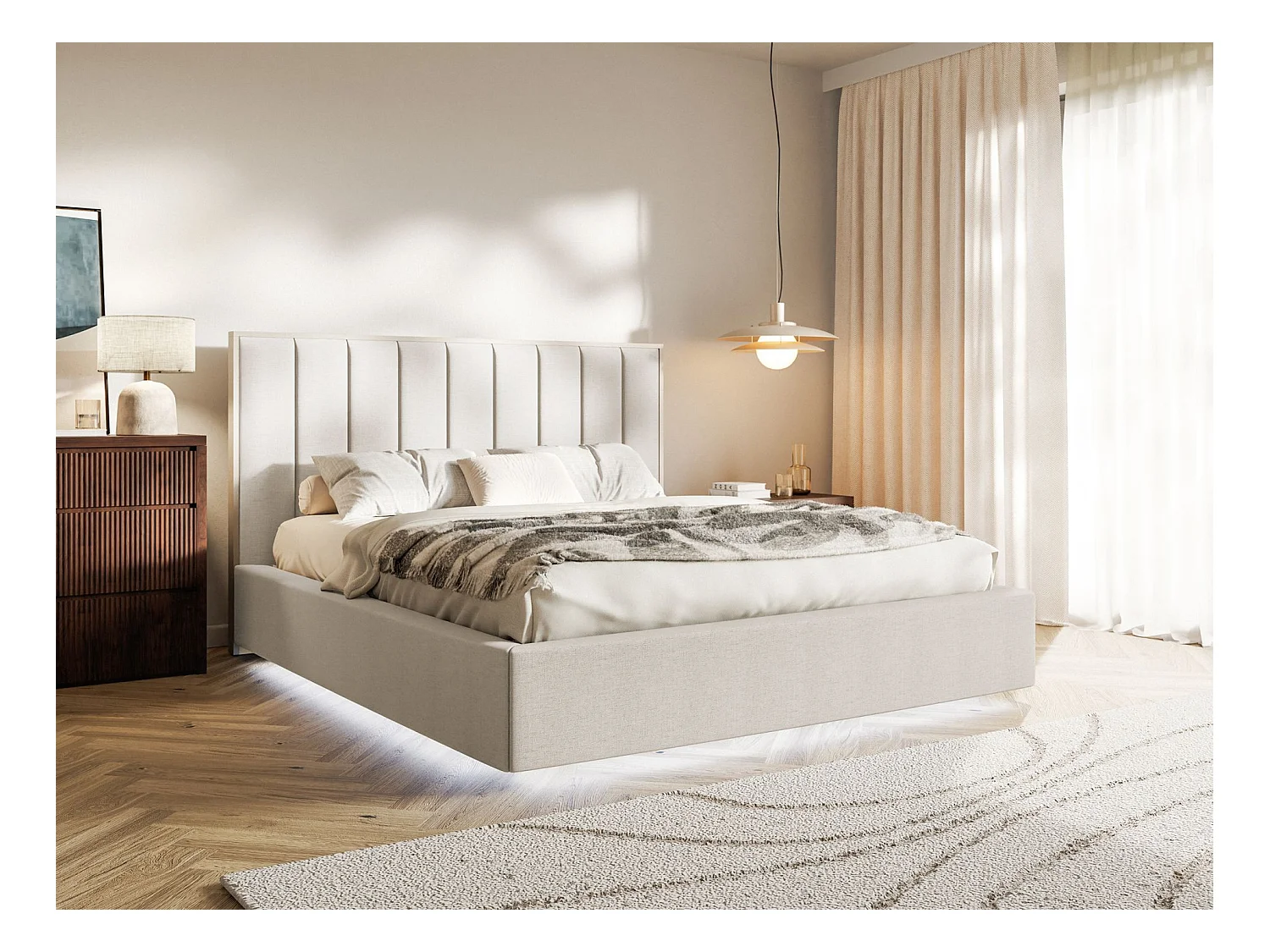 Polsterbett 160x200 mit Chenillebezug – Bettkasten und LED – Hellbeige – TOGENTS