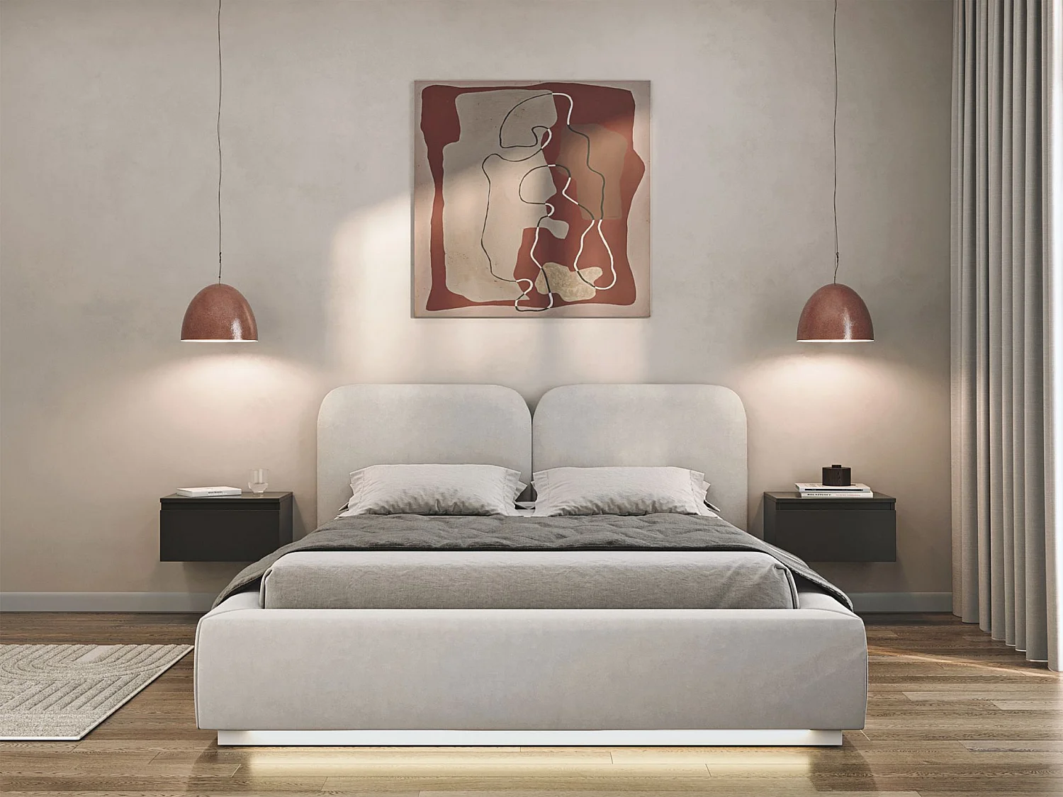 Polsterbett 140x200 mit Veloursbezug – LED, Bettkasten und Lattenrost – Greige – COMOVES