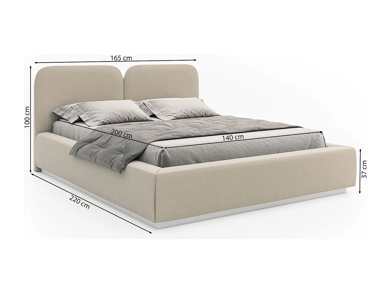 Polsterbett 140x200 mit Veloursbezug – LED, Bettkasten und Lattenrost – Greige – COMOVES