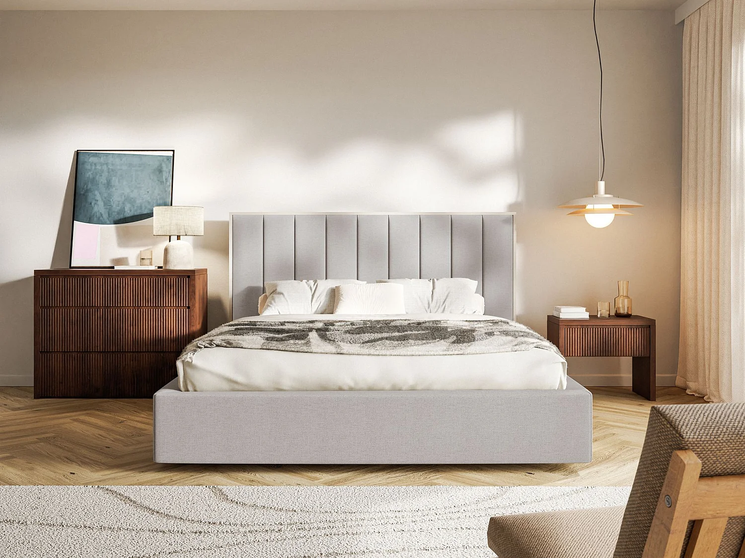 Polsterbett 180x200 mit Chenillebezug und Bettkasten – Grau – TOGENTS