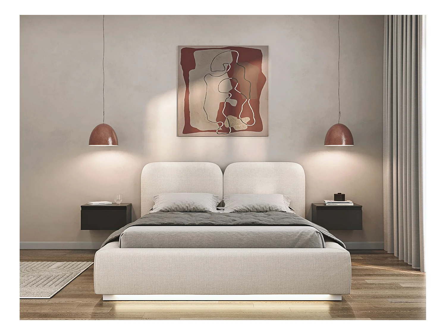 Polsterbett 140x200 mit Chenillebezug – LED, Bettkasten und Lattenrost – Creme – COMOVES