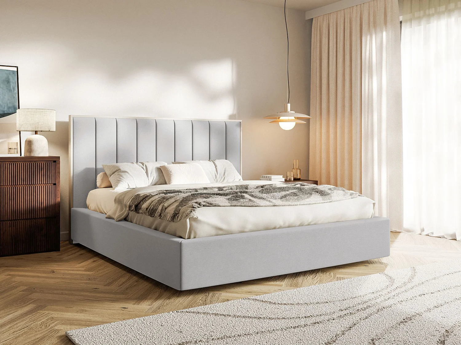 Lit tapissé avec coffre 140×200 - velours - gris clair- TOGENTS