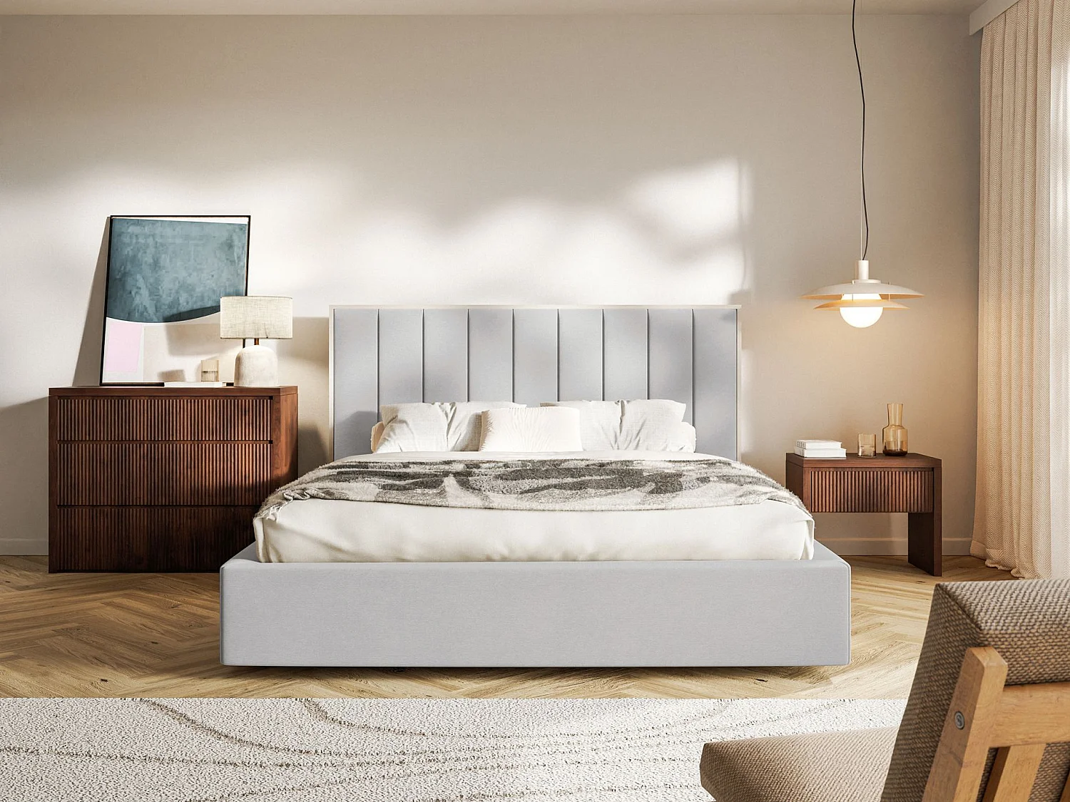 Lit tapissé avec coffre 140×200 - velours - gris clair- TOGENTS