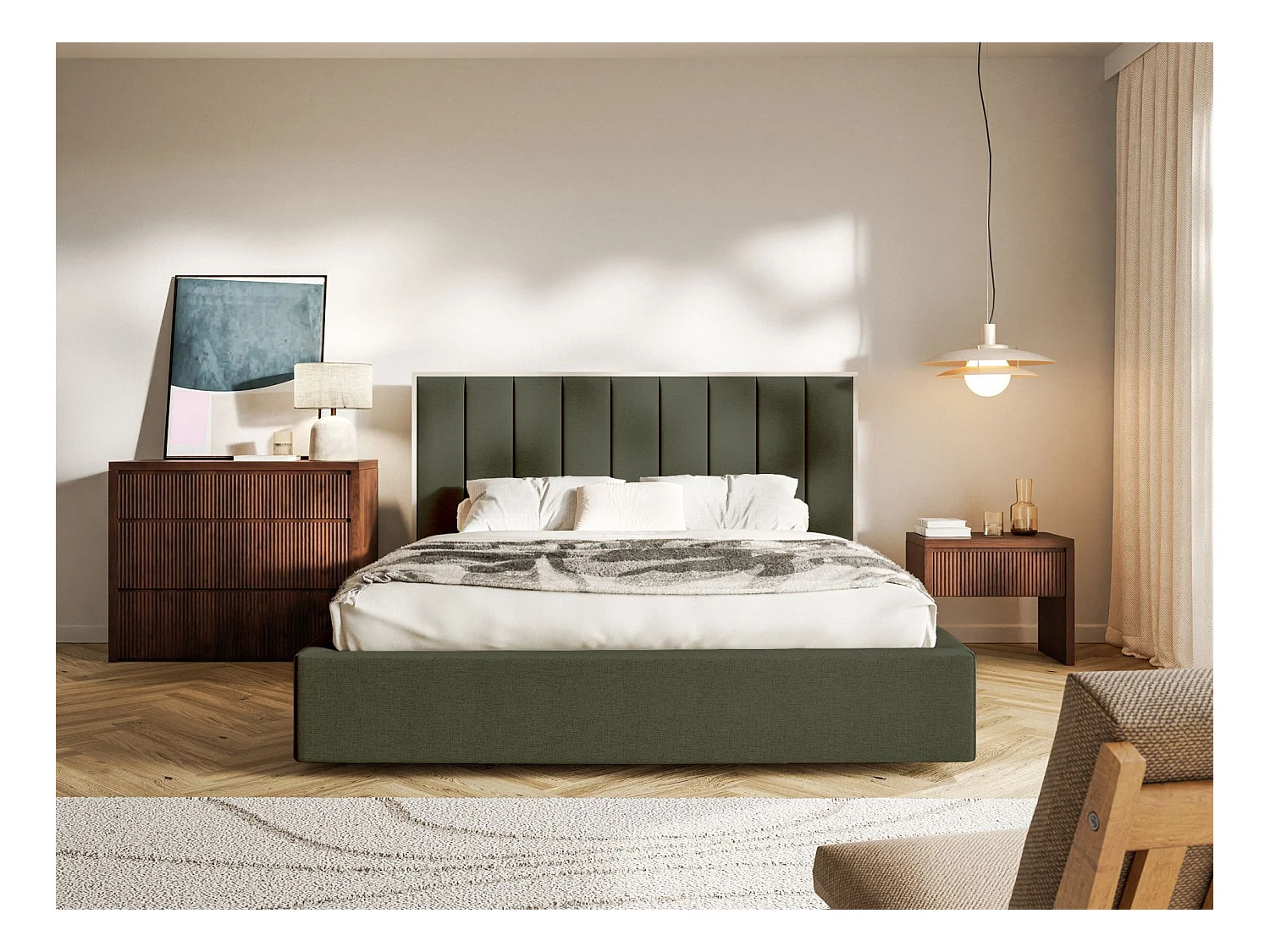 Lit tapissé avec coffre 140×200 - chenille - vert foncé - TOGENTS