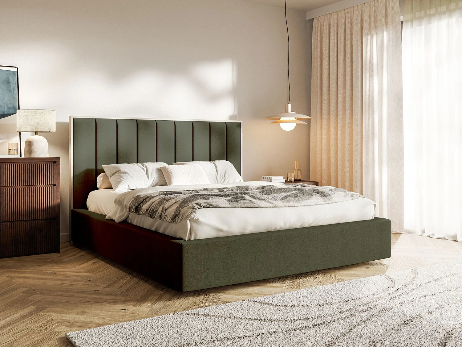 Gestoffeerd bed 140x200 - chenille en bedbox - donkergroen - TOGENTS