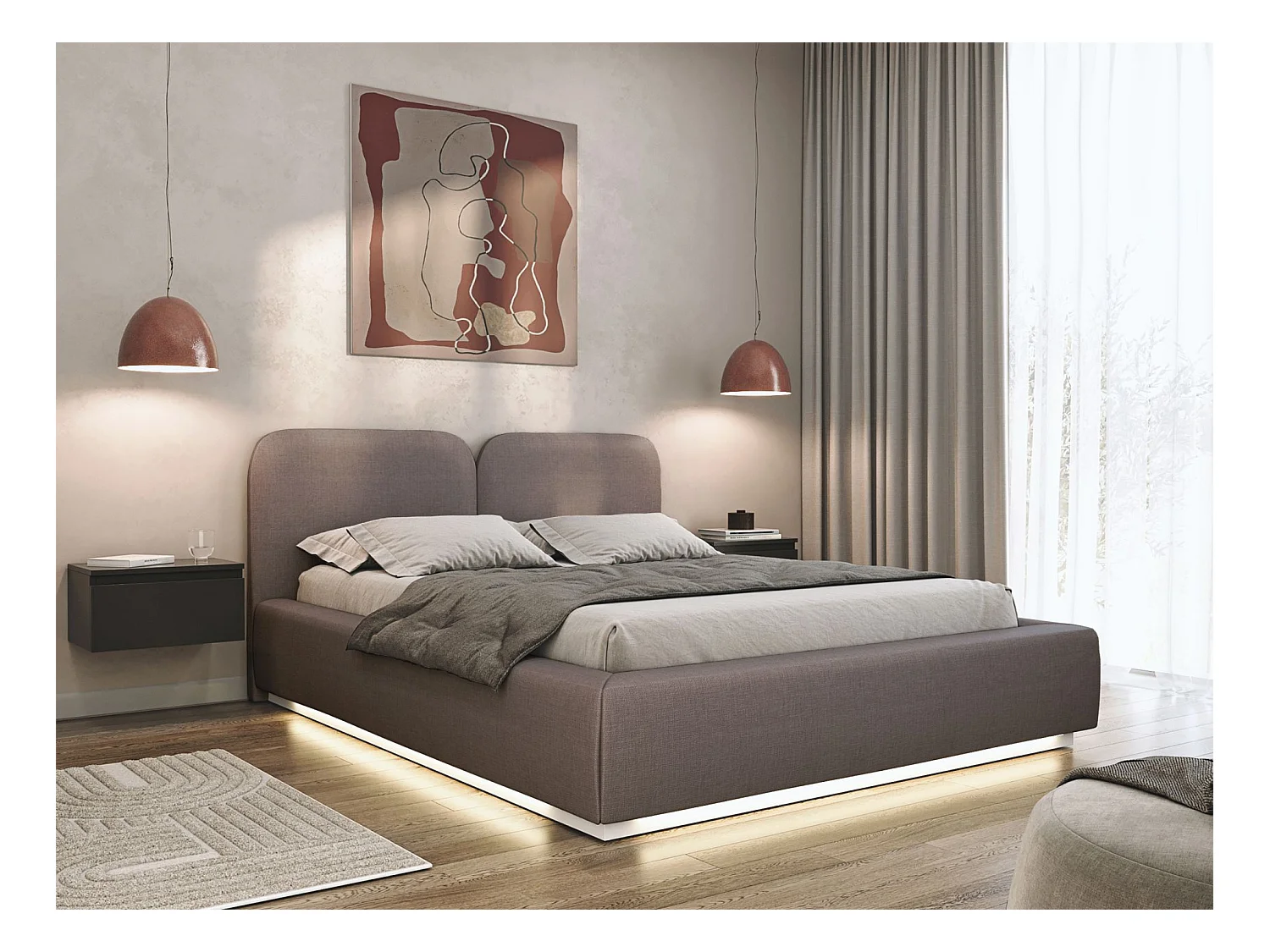 Lit tapissé avec coffre et LED 160×200 - chenille - brun - COMOVES