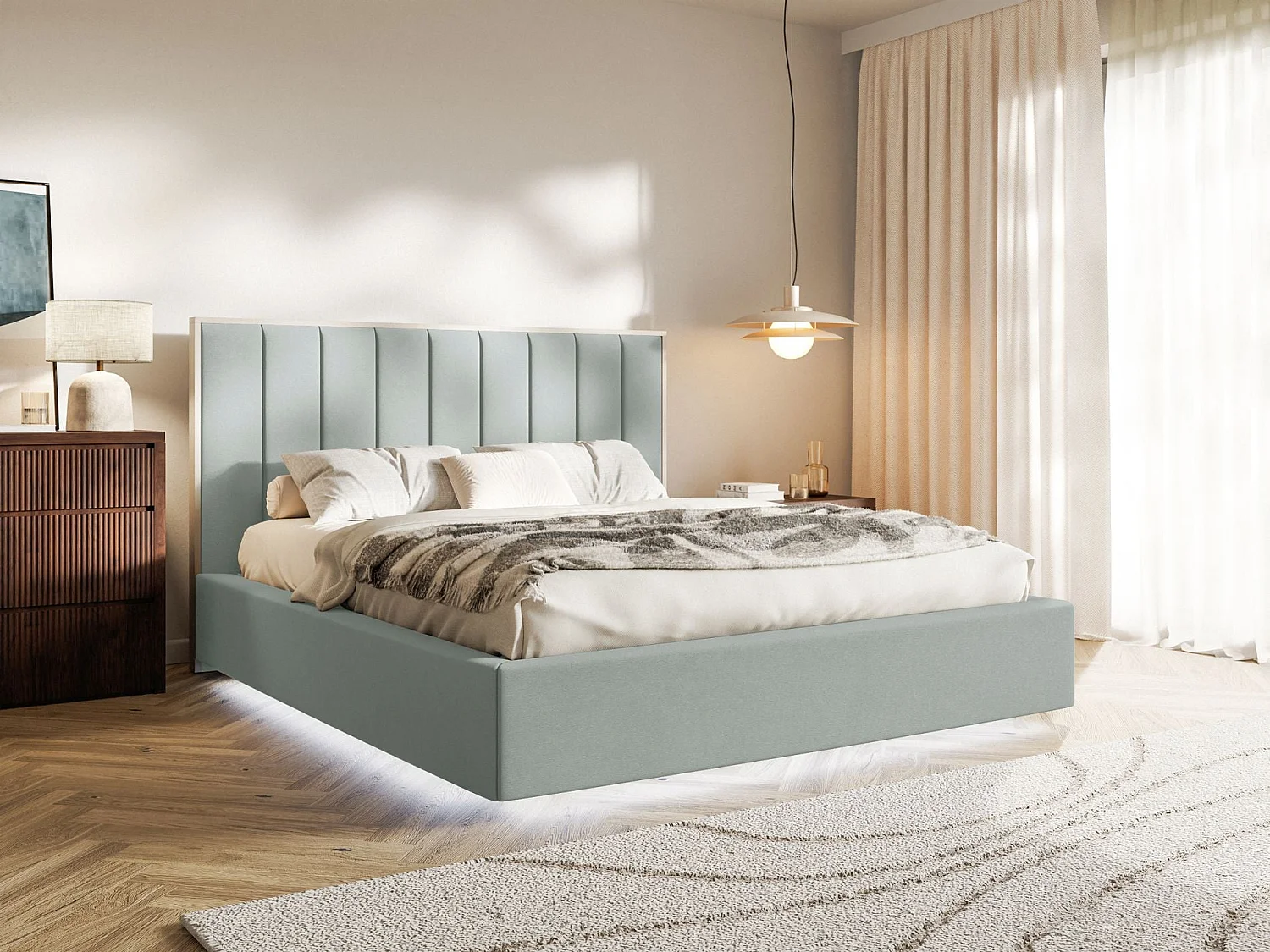 Lit tapissé avec coffre et LED 180×200 - velours - vert sauge - TOGENTS