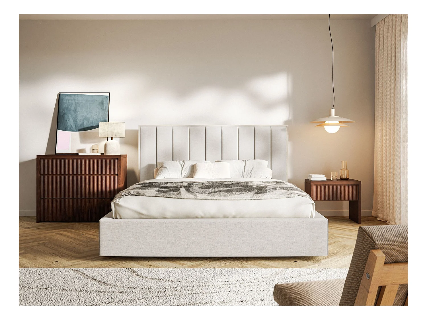 Lit tapissé avec coffre 180×200 - chenille - beige clair - TOGENTS
