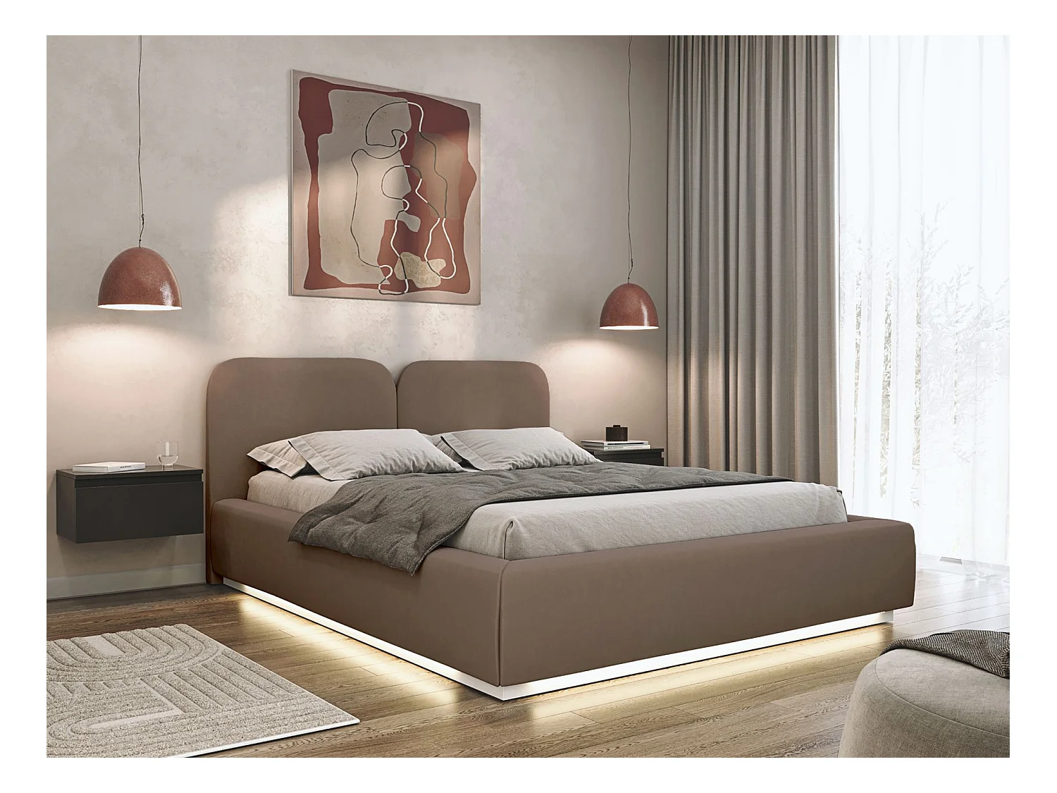 Gestoffeerd bed 160x200 met velours bekleding – LED, bedbox en lattenbodem – Bruin – COMOVES