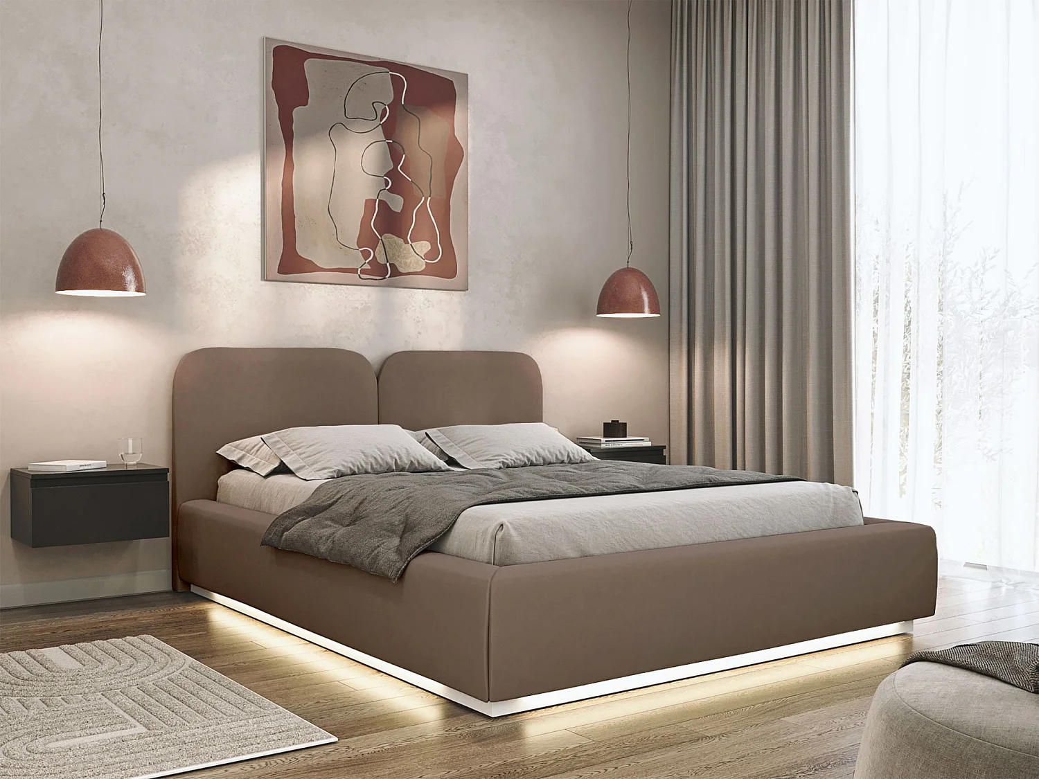 Lit tapissé avec coffre et LED 160×200 - velours - brun - COMOVES