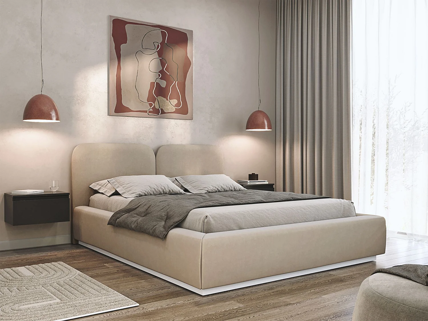 Lit tapissé avec coffre 160×200 - velours - beige clair- COMOVES