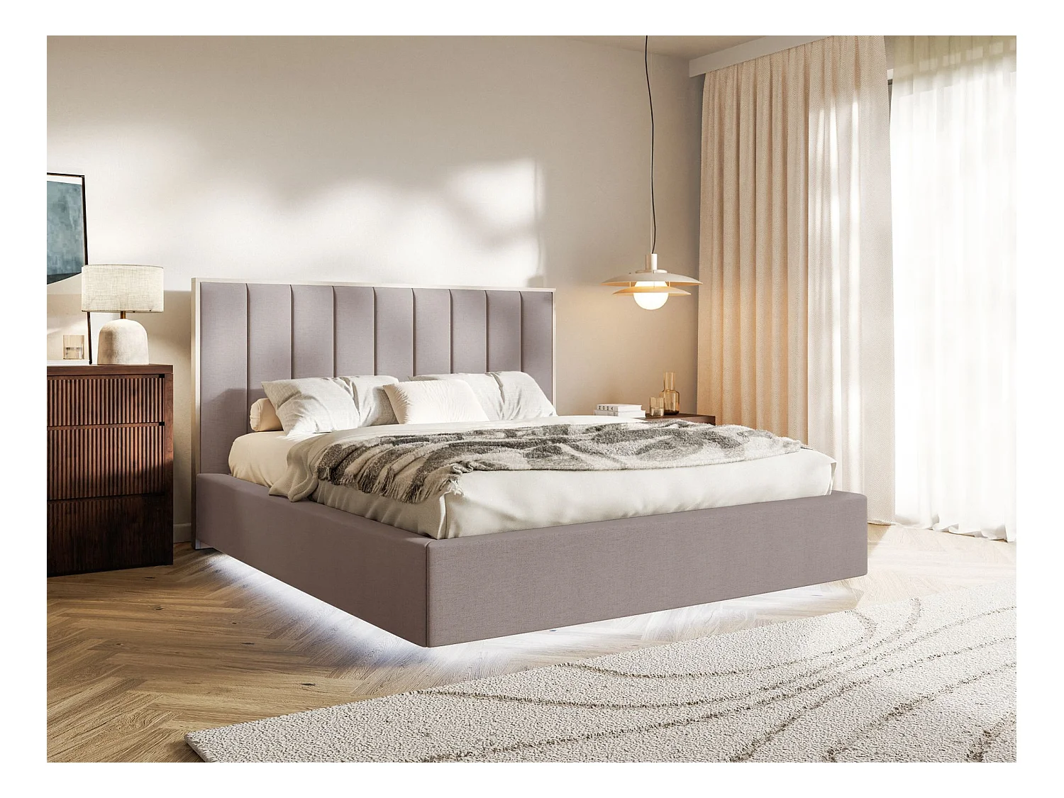 Lit tapissé avec coffre et LED160×200 - chenille - brun - TOGENTS