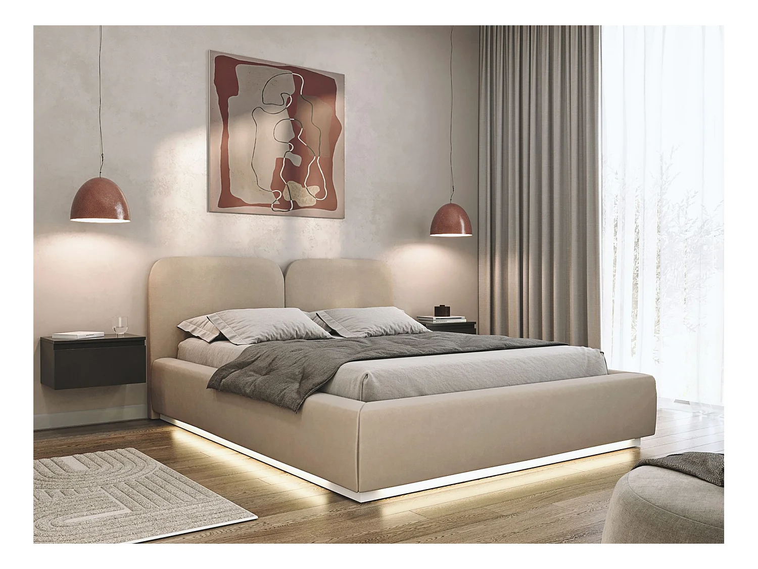 Lit tapissé avec coffre et LED 160×200 - velours - beige clair- COMOVES