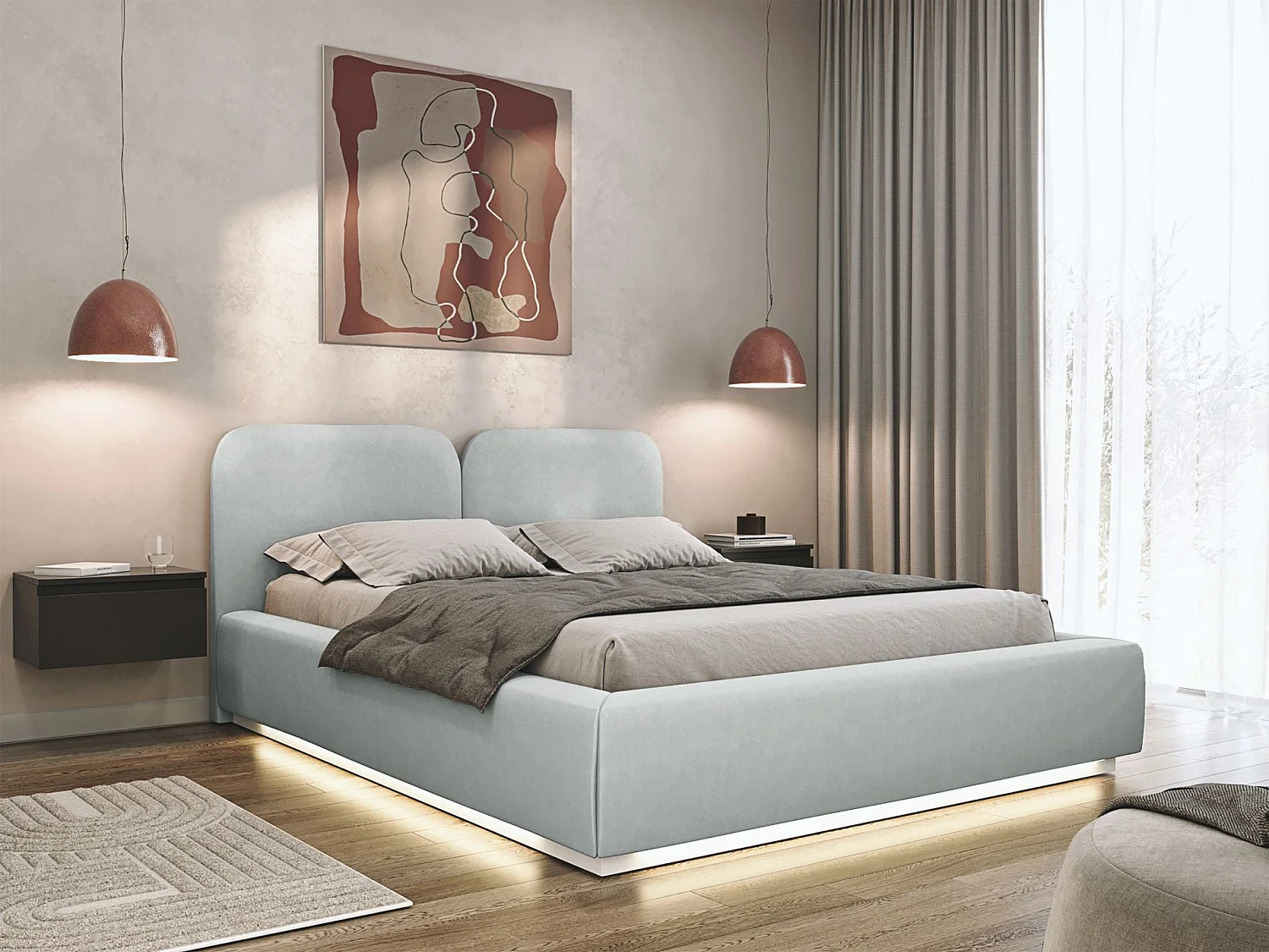 Lit tapissé avec coffre et LED 140×200 - velours - gris clair- COMOVES