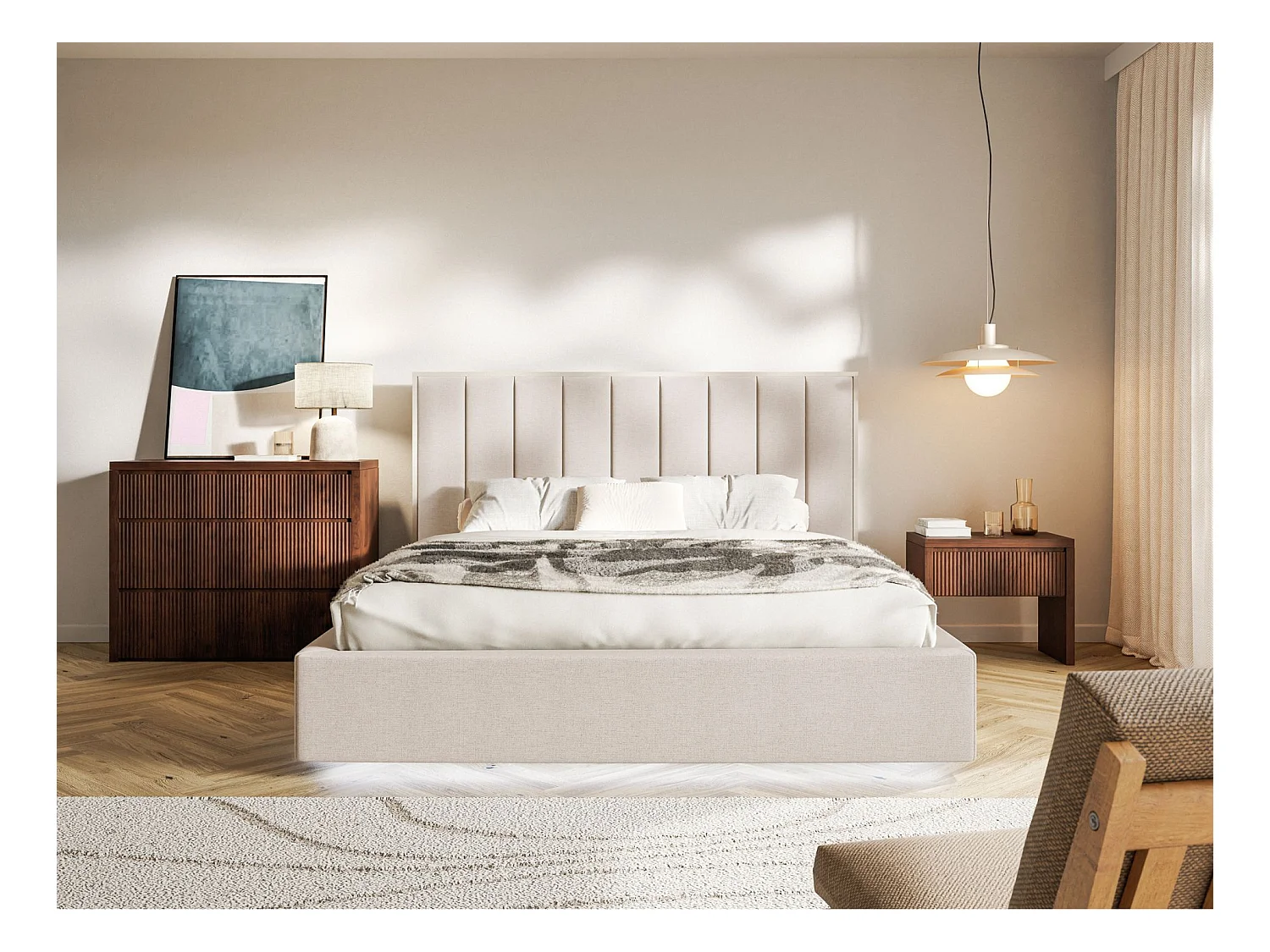 Lit tapissé avec coffre et LED160×200 - chenille - beige - TOGENTS