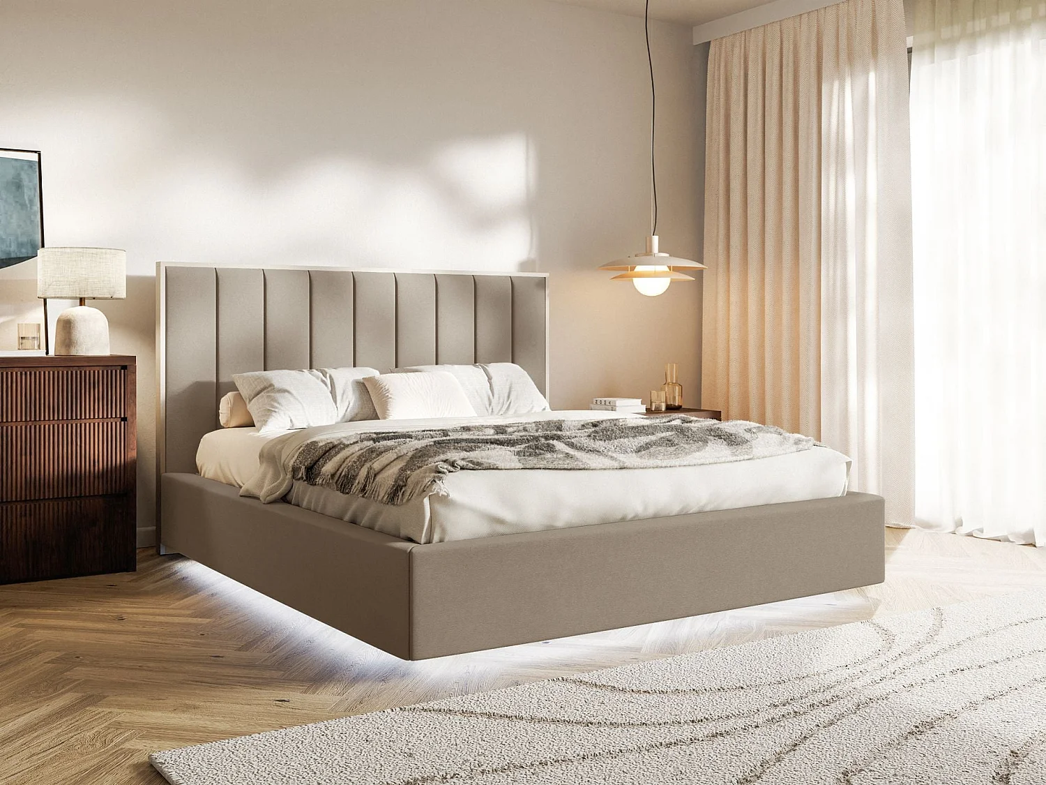 Gestoffeerd bed 160x200 - velours - bedbox en LED - bruin - TOGENTS