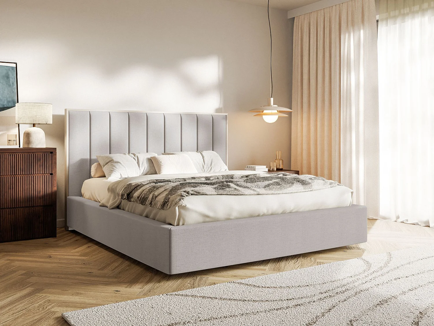 Lit tapissé avec coffre et LED180×200 - chenille - gris-beige - TOGENTS