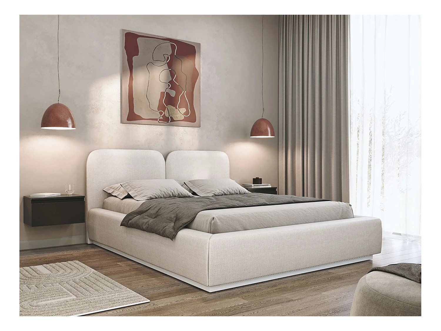 Gestoffeerd bed 180x200 met chenille bekleding – Bedbox en lattenbodem – Crème – COMOVES