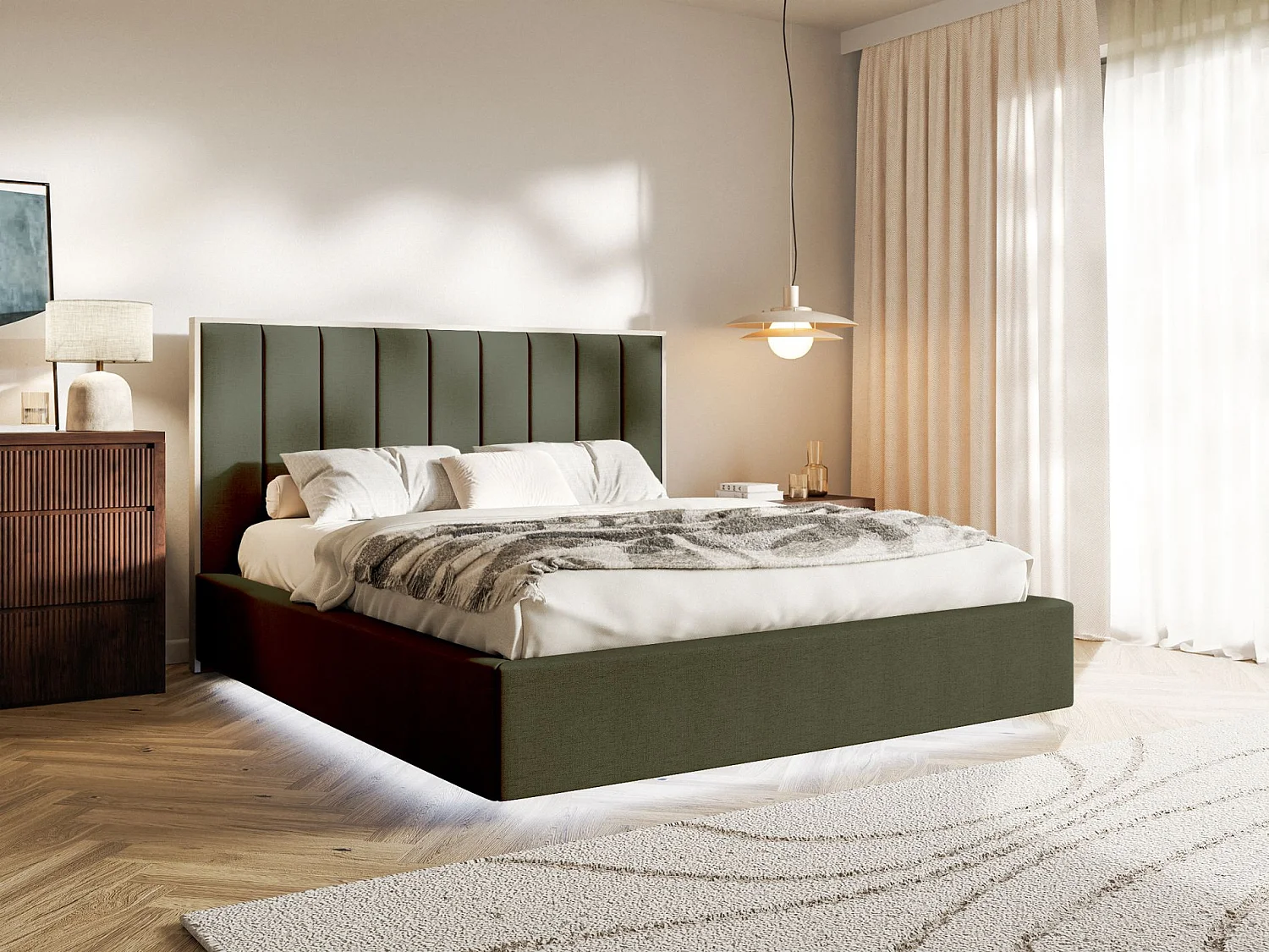 Lit tapissé avec coffre et LED140×200 - chenille - vert foncé - TOGENTS