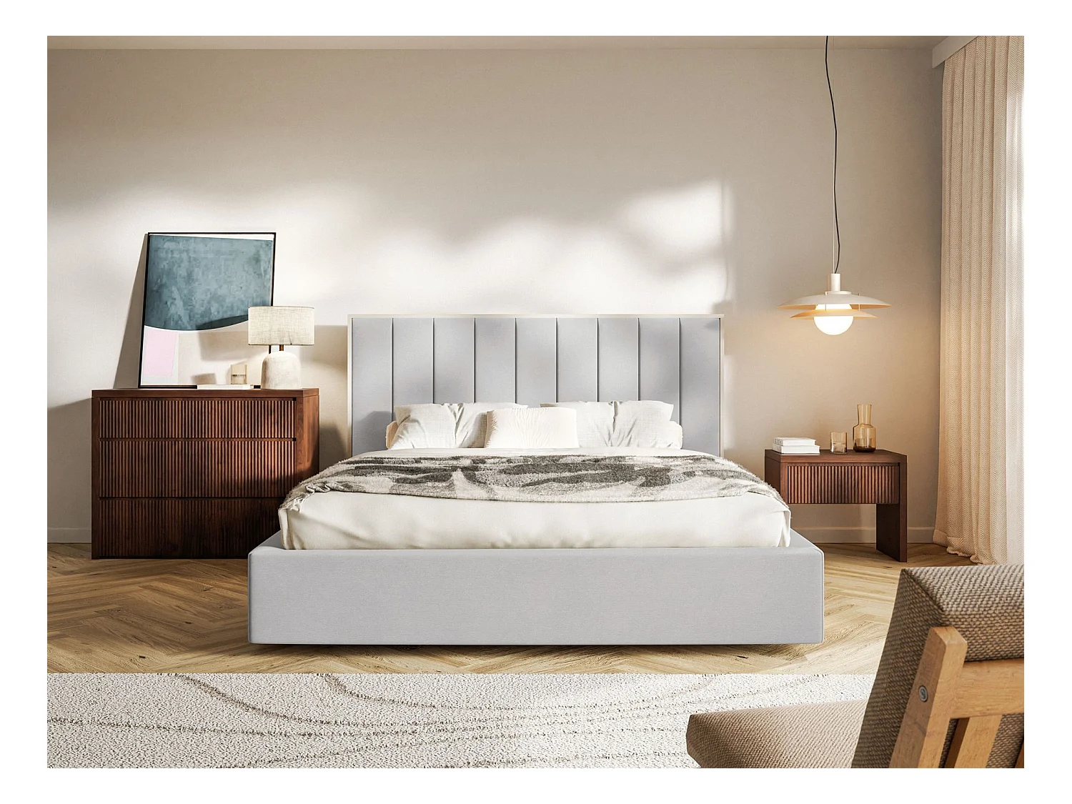Lit tapissé avec coffre 160×200 - velours - gris clair- TOGENTS