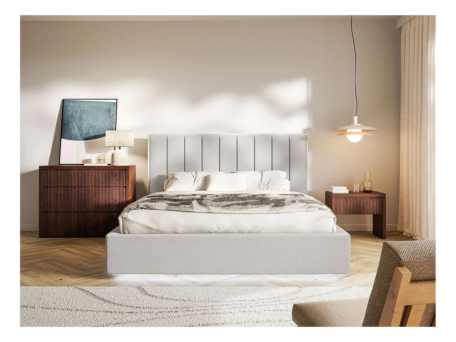 Lit tapissé avec coffre et LED 140×200 - velours - gris clair- TOGENTS