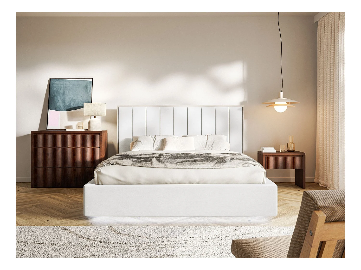 Gestoffeerd bed 140x200 - velours - bedbox en LED - wit - TOGENTS