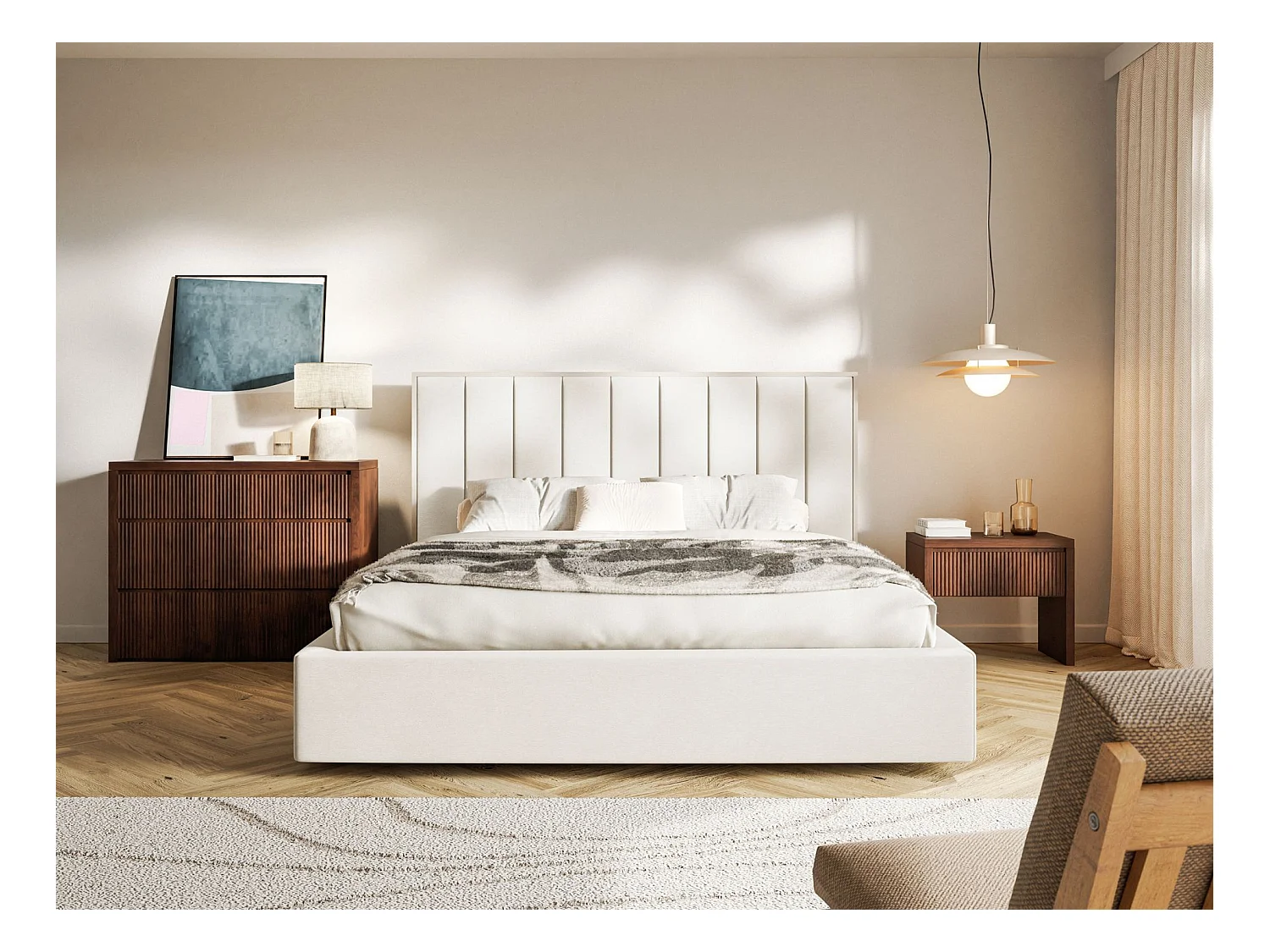 Polsterbett 160x200 mit Veloursbezug und Bettkasten – Creme – TOGENTS