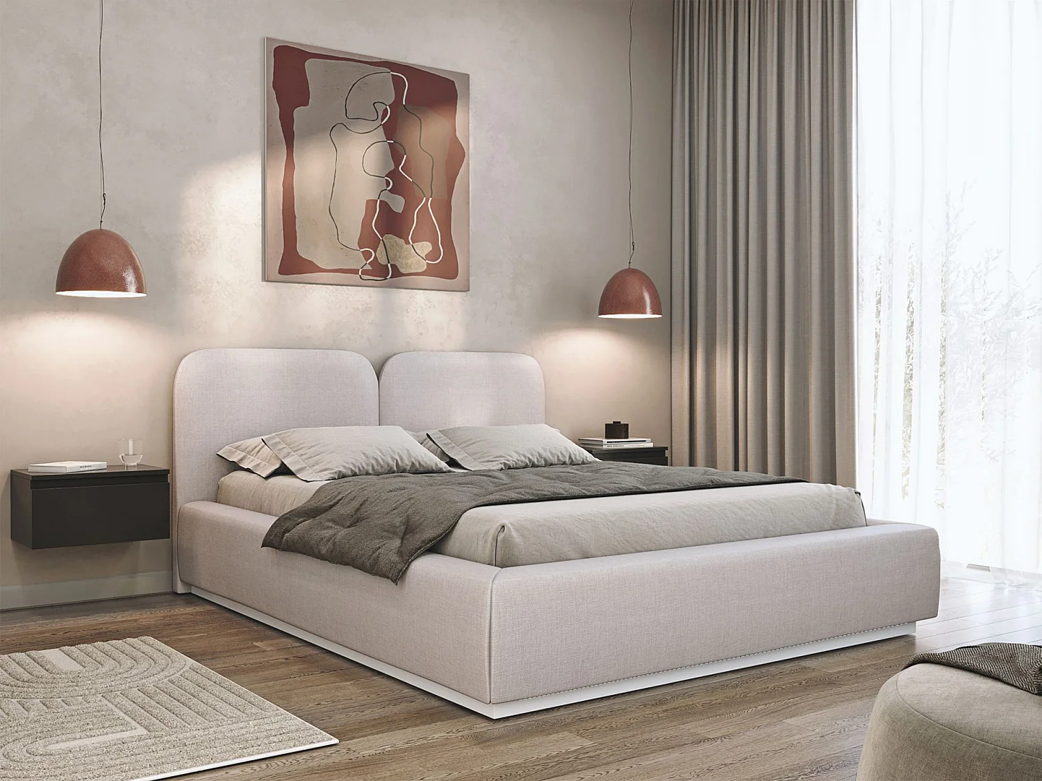 Lit tapissé avec coffre 140×200 - chenille - beige clair - COMOVES