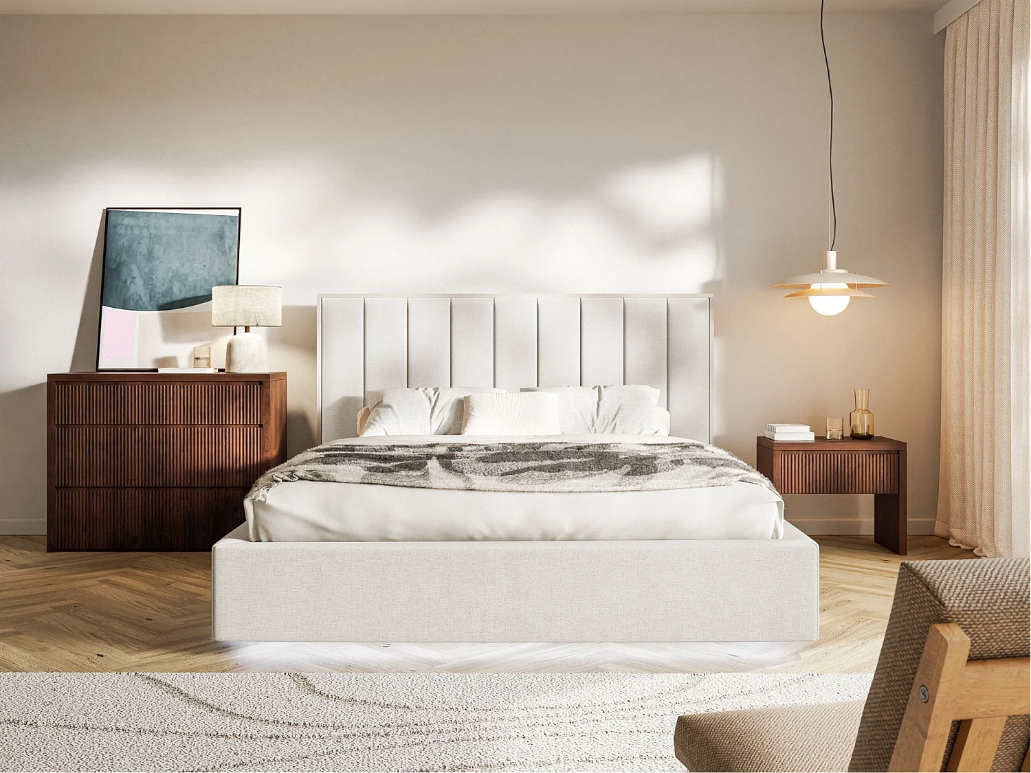 Lit tapissé avec coffre et LED140×200 - chenille - beige clair - TOGENTS