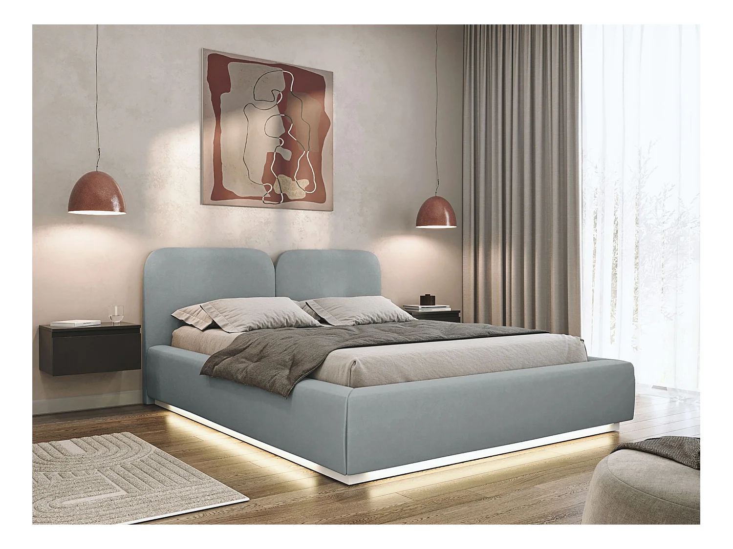 Lit tapissé avec coffre et LED 160×200 - velours - gris - COMOVES