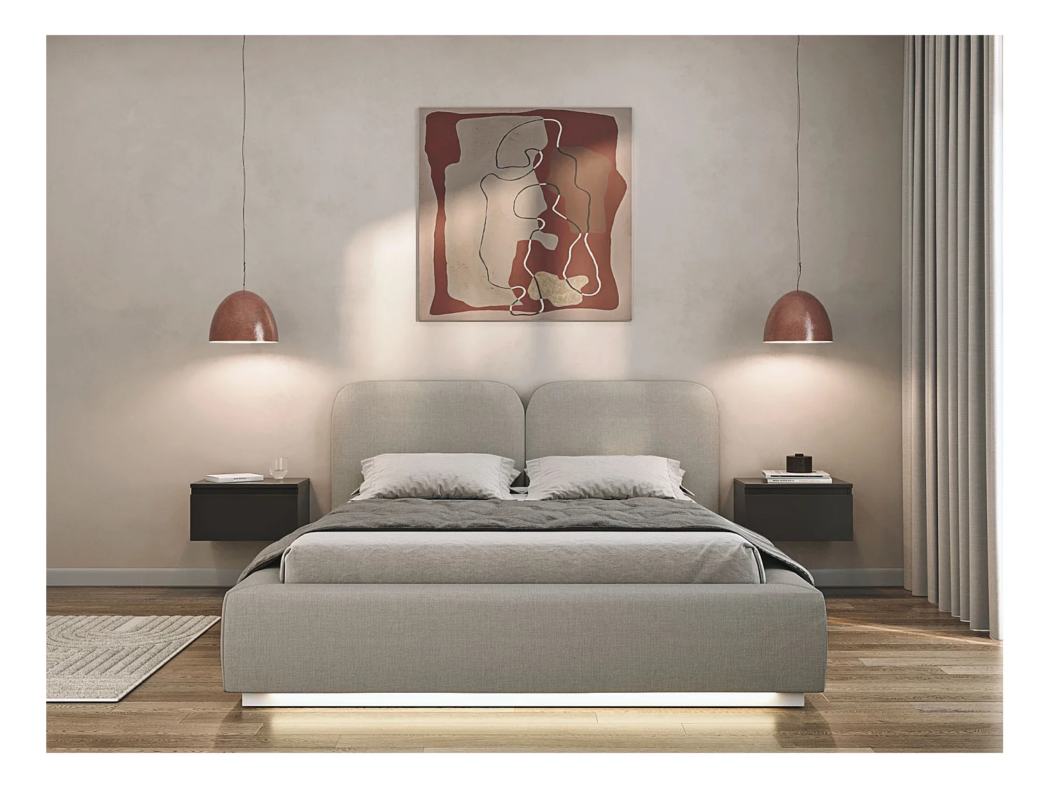 Polsterbett 180x200 mit Chenillebezug – LED, Bettkasten und Lattenrost – Dunkelbeige – COMOVES